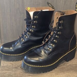 Dr. Martens Black Leather Combat Boots with Yellow Stitching